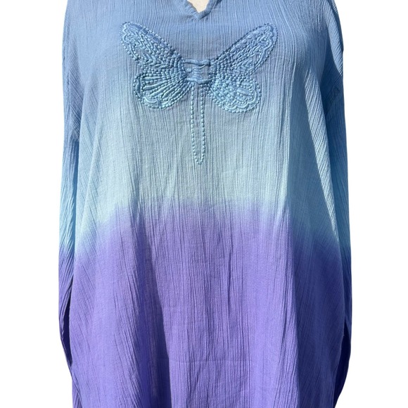 Cotton Gauze Butterfly Embroidered Tunic Top Wms 4XL Ombre Purple Boho Beachy - Picture 2 of 6